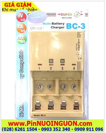 Super BC-3; Máy sạc pin 9v vuông Super BC-3 với 04 khe sạc và mỗi lần Sạc 2-4 pin AA, AAA và 9v